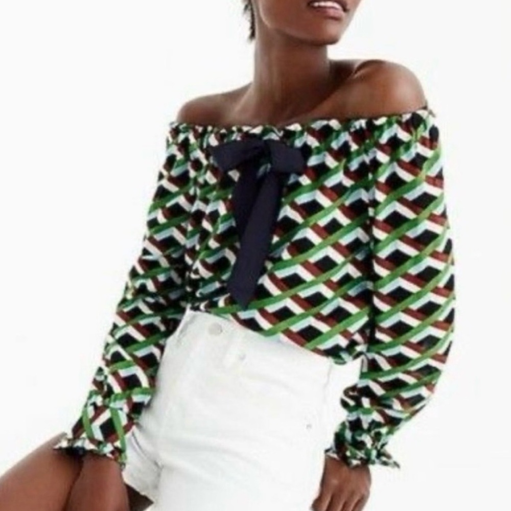 NWT J. Crew Off-Shoulder Green Multi Color Ratti Graphic Diamond Blouse - Sz M